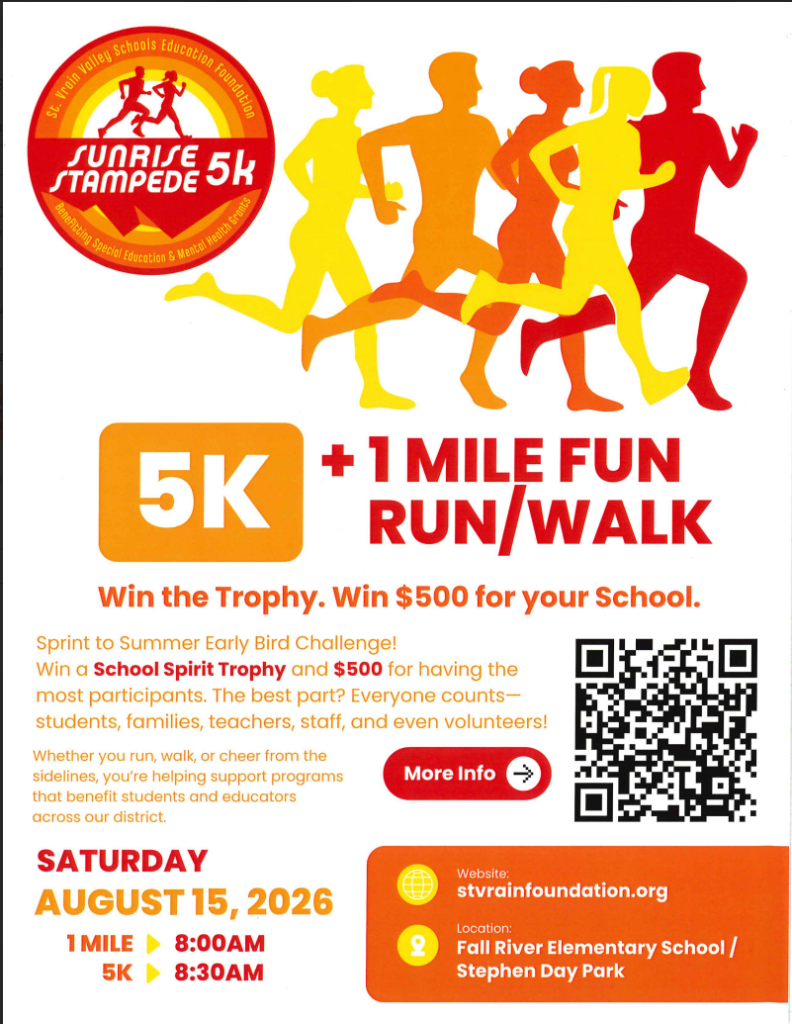 Graphic promoting the Sunrise Stampede 5K and 1 Mile Fun Run/Walk on August 15, 2026, with details and QR code.