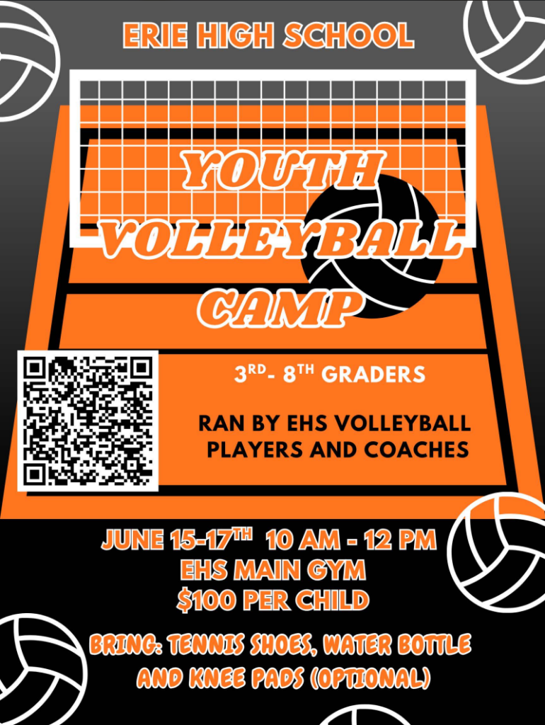 Poster for Erie High School Youth Volleyball Camp, June 15-17, for 3rd-8th graders. $100 per child.